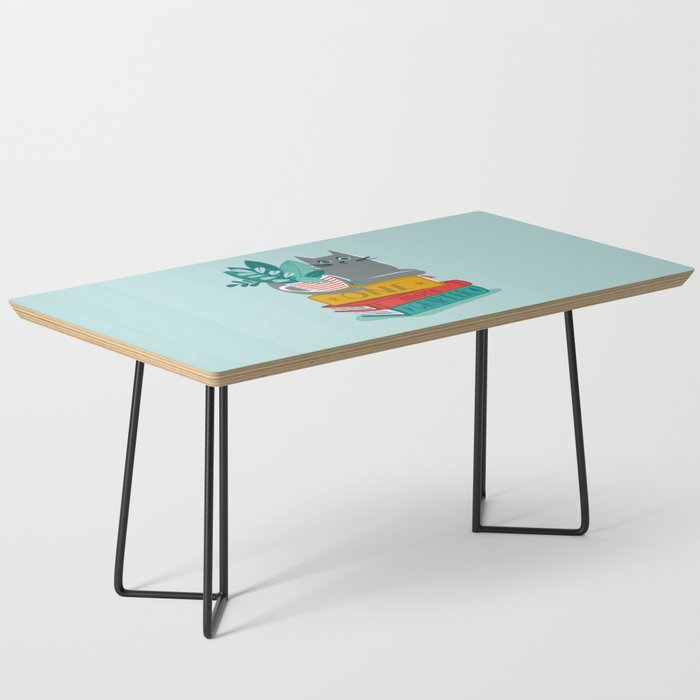 One more chapter // aqua background grey cat striped mug with plants red green and yellow books  Coffee Table Gallery Image 1