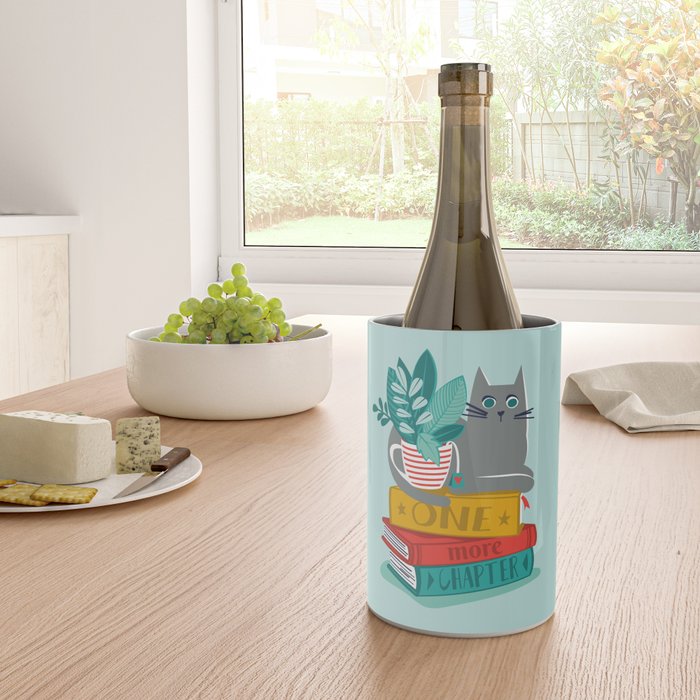 One more chapter // aqua background grey cat striped mug with plants red green and yellow books  Wine Chiller Gallery Image 4