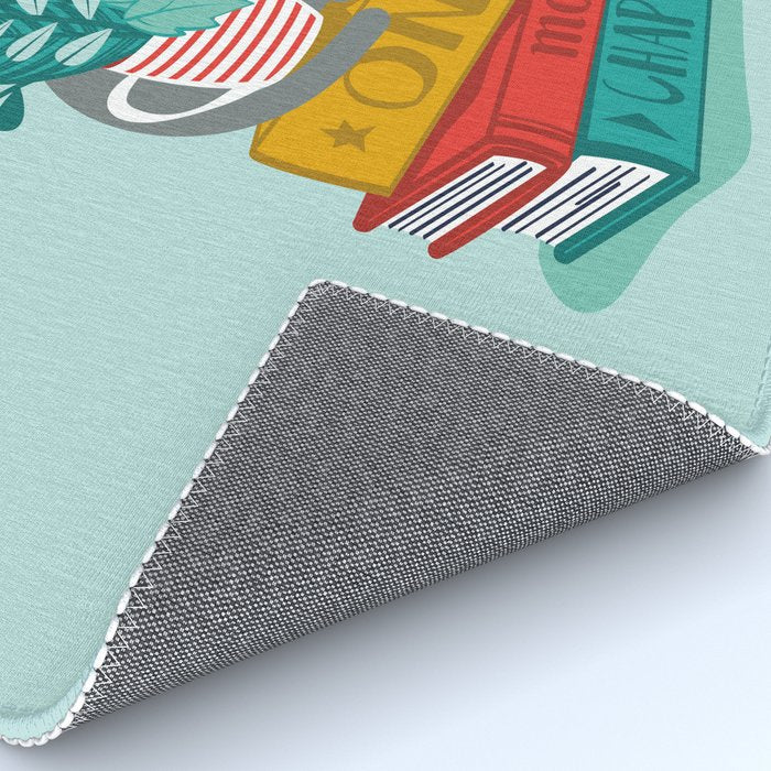 One more chapter // aqua background grey cat striped mug with plants red green and yellow books  Rug Gallery Image 4