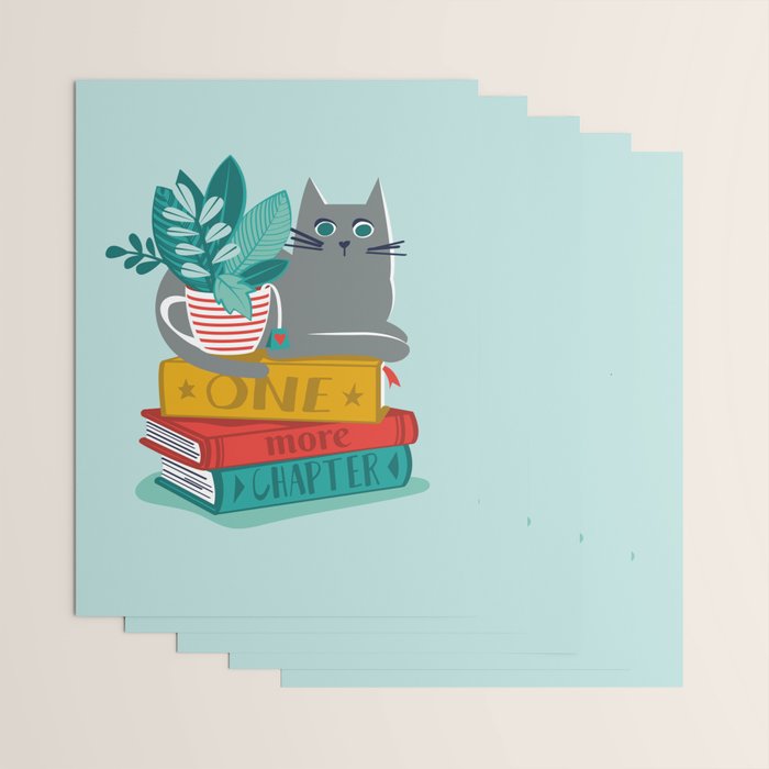 One more chapter // aqua background grey cat striped mug with plants red green and yellow books  Wrapping Paper Gallery Image 3