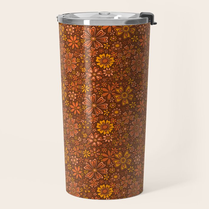 Groovy Sunflower Print in Brown Travel Mug Gallery Image 2