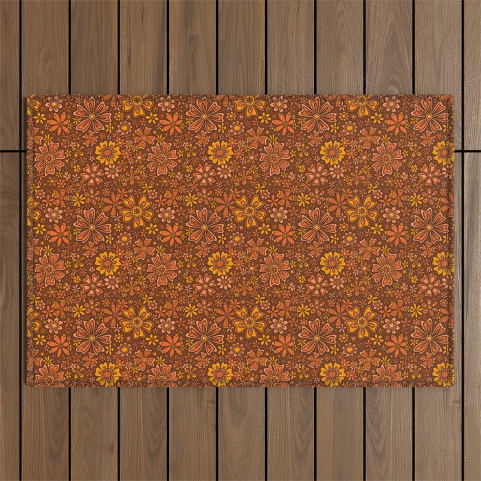 Groovy Sunflower Print in Brown Outdoor Rug Gallery Image 1