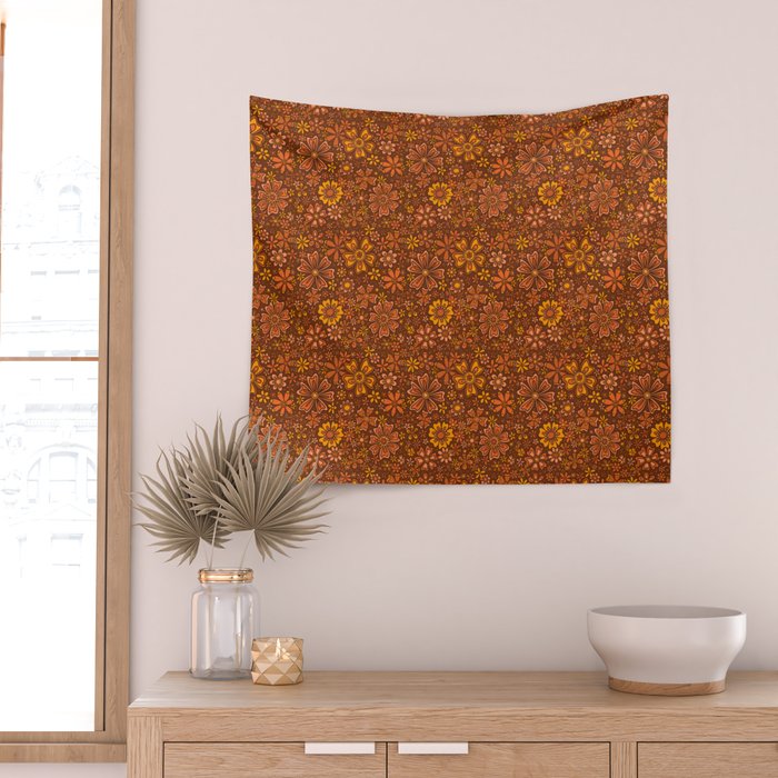 Groovy Sunflower Print in Brown Wall Tapestry Gallery Image 2