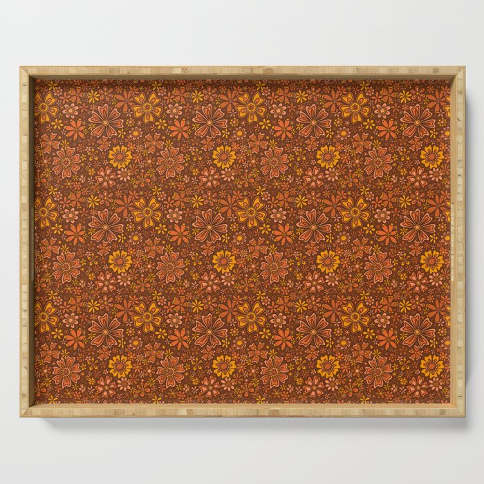 Groovy Sunflower Print in Brown Serving Tray Gallery Image 1