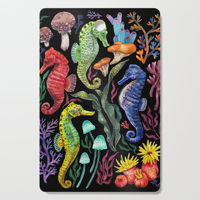 Undersea seahorsesï¼mushrooms and corals- black Cutting Board Gallery Image 1