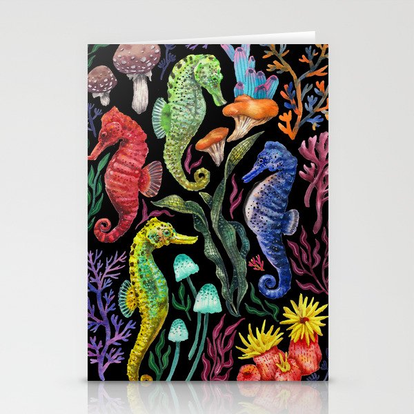Undersea seahorsesï¼mushrooms and corals- black Stationery Card Gallery Image 2