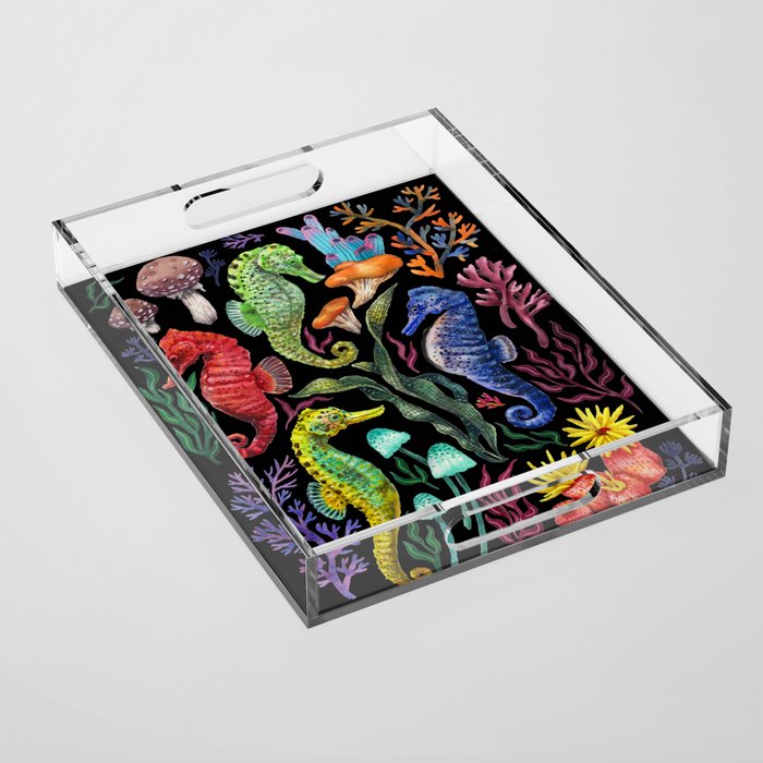 Undersea seahorsesï¼mushrooms and corals- black Acrylic Tray Gallery Image 1