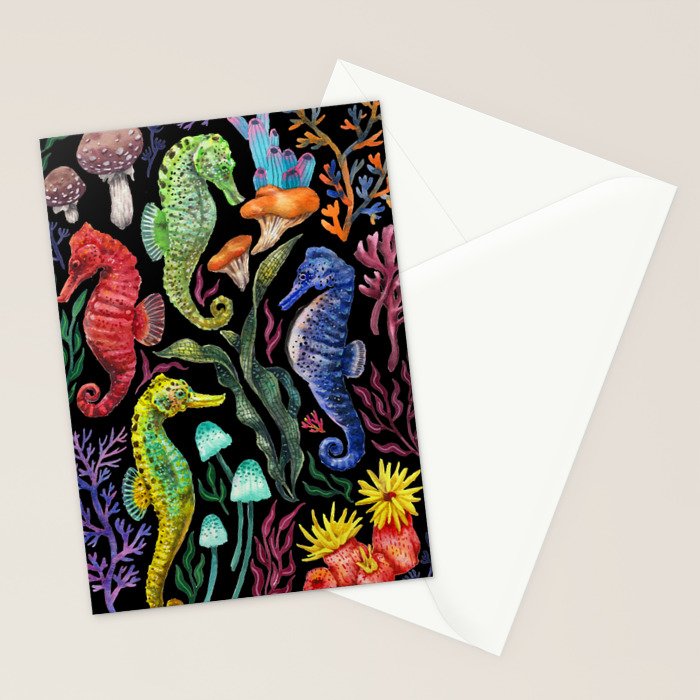 Undersea seahorsesï¼mushrooms and corals- black Stationery Card Gallery Image 2
