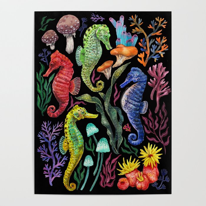 Undersea seahorsesï¼mushrooms and corals- black Poster Gallery Image 1
