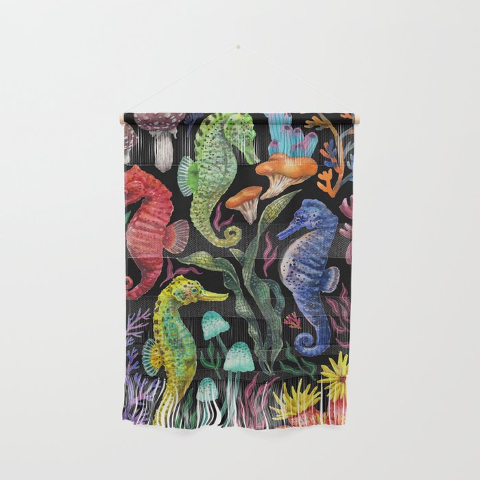 Undersea seahorsesï¼mushrooms and corals- black Wall Hanging Gallery Image 1
