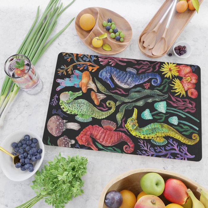 Undersea seahorsesï¼mushrooms and corals- black Cutting Board Gallery Image 2