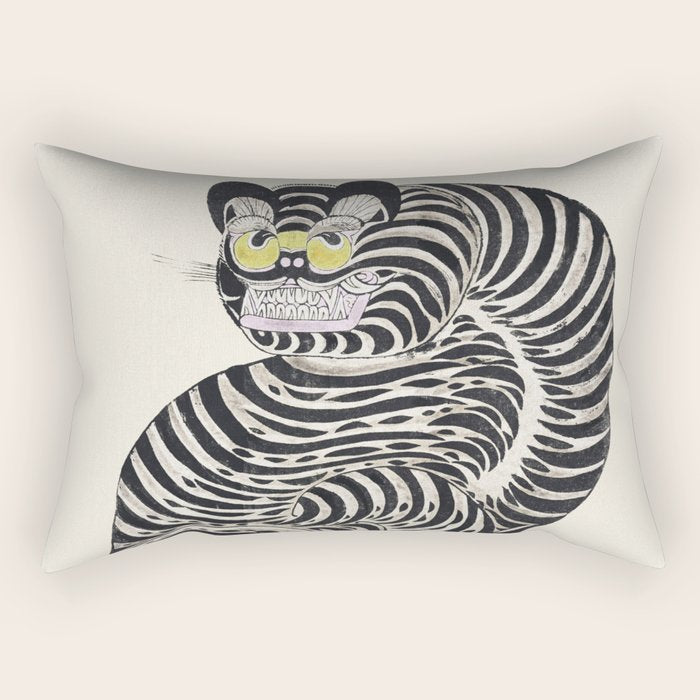 Japanese Yellow Eyes Tiger Vintage Woodblock Ukiyo e Style Retro Asian Design Bold Animal Artwork Rectangular Pillow Gallery Image 1