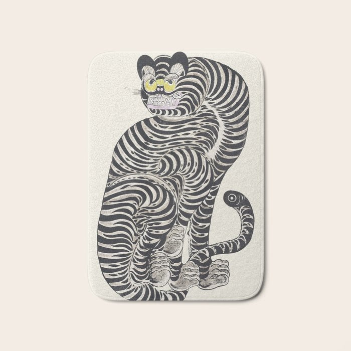 Japanese Yellow Eyes Tiger Vintage Woodblock Ukiyo e Style Retro Asian Design Bold Animal Artwork Bath Mat Gallery Image 1