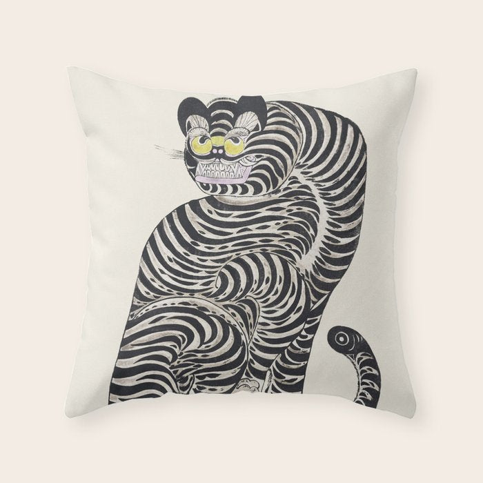 Japanese Yellow Eyes Tiger Vintage Woodblock Ukiyo e Style Retro Asian Design Bold Animal Artwork Throw Pillow Gallery Image 1