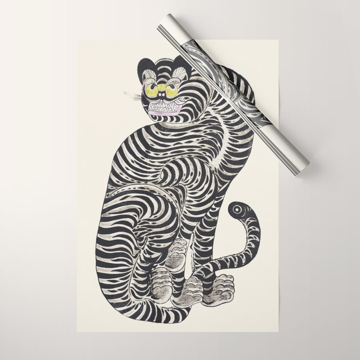Japanese Yellow Eyes Tiger Vintage Woodblock Ukiyo e Style Retro Asian Design Bold Animal Artwork Wrapping Paper Gallery Image 1