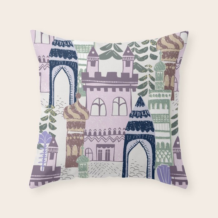 Block print Home pattern lilac Throw Pillow Gallery Image 1