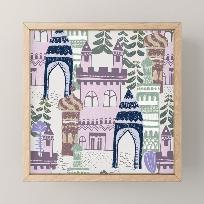 Block print Home pattern lilac Mini Art Print Gallery Image 1