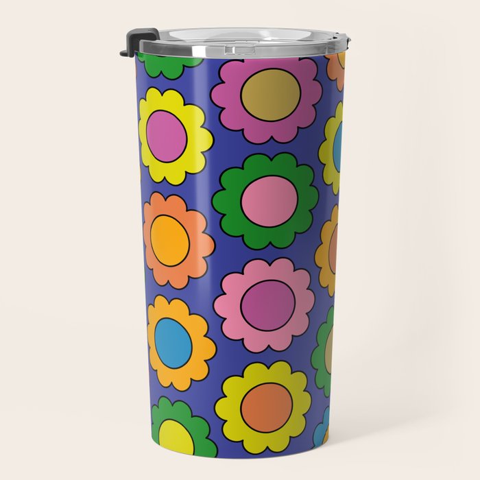 Colorful Happy Flowers Cheerful Retro Pattern on Blue Travel Mug Gallery Image 3
