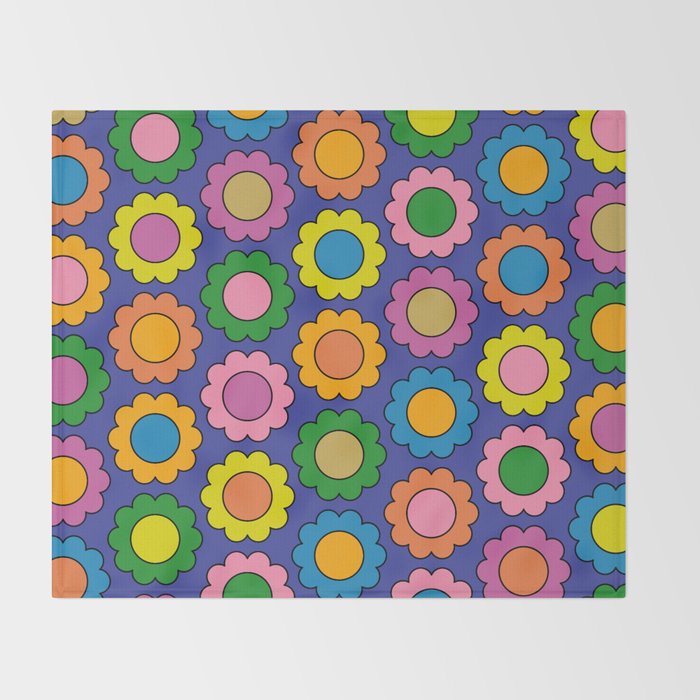 Colorful Happy Flowers Cheerful Retro Pattern on Blue Throw Blanket Gallery Image 2