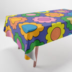 Colorful Happy Flowers Cheerful Retro Pattern on Blue Tablecloth Gallery Image 1