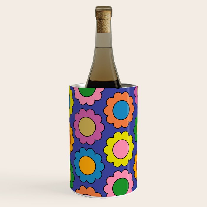 Colorful Happy Flowers Cheerful Retro Pattern on Blue Wine Chiller Gallery Image 3
