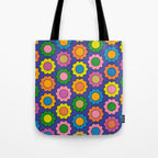 Colorful Happy Flowers Cheerful Retro Pattern on Blue Tote Bag Gallery Image 1