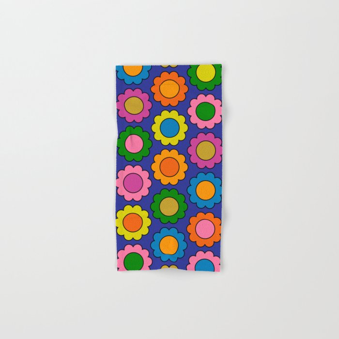 Colorful Happy Flowers Cheerful Retro Pattern on Blue Bath Towel Gallery Image 1