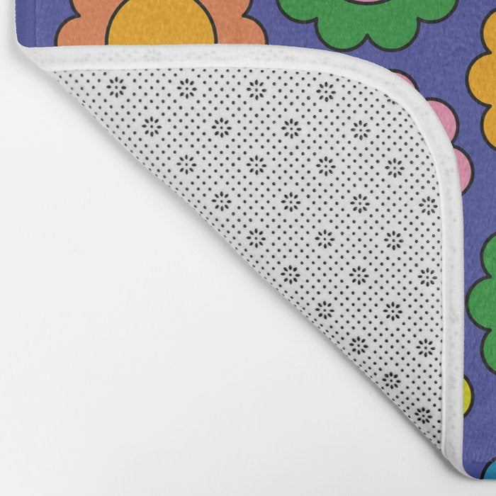 Colorful Happy Flowers Cheerful Retro Pattern on Blue Bath Mat Gallery Image 2