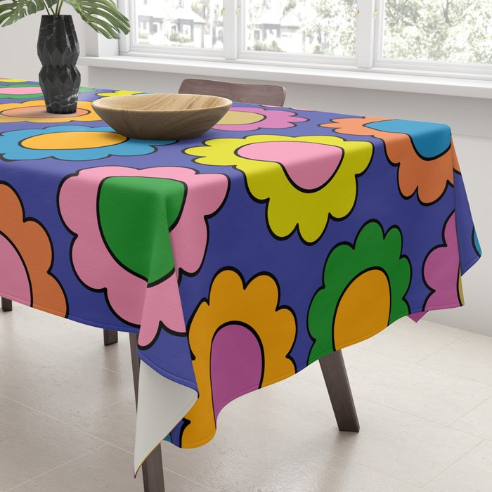 Colorful Happy Flowers Cheerful Retro Pattern on Blue Tablecloth Gallery Image 3