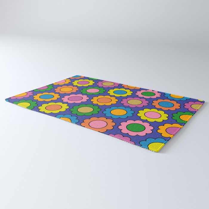 Colorful Happy Flowers Cheerful Retro Pattern on Blue Rug Gallery Image 3