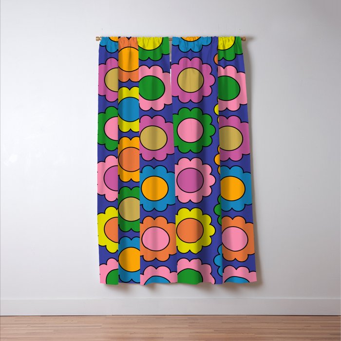 Colorful Happy Flowers Cheerful Retro Pattern on Blue Window Curtain Gallery Image 3