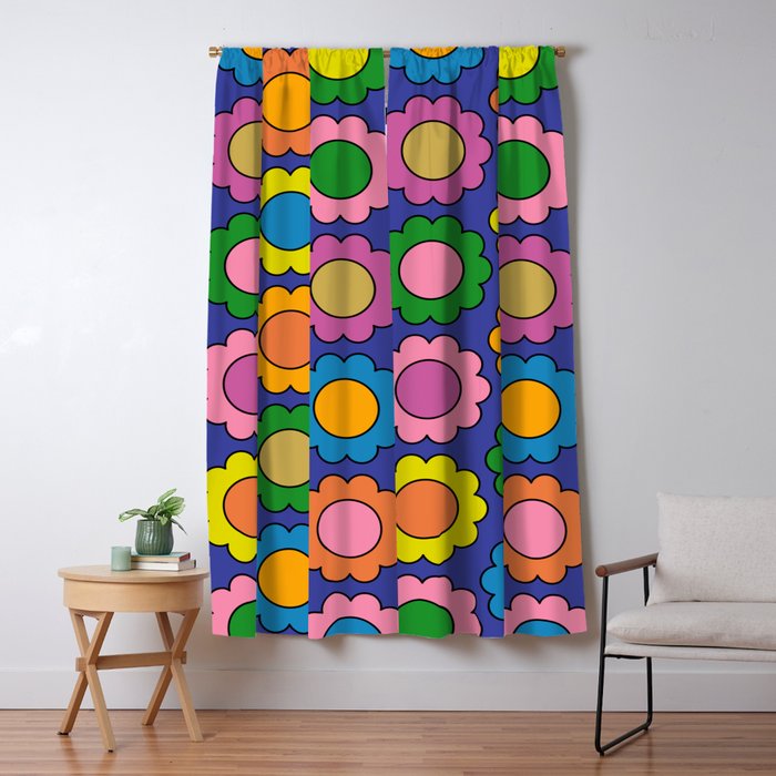 Colorful Happy Flowers Cheerful Retro Pattern on Blue Window Curtain Gallery Image 1