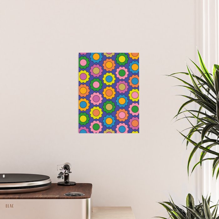Colorful Happy Flowers Cheerful Retro Pattern on Blue Poster Gallery Image 2