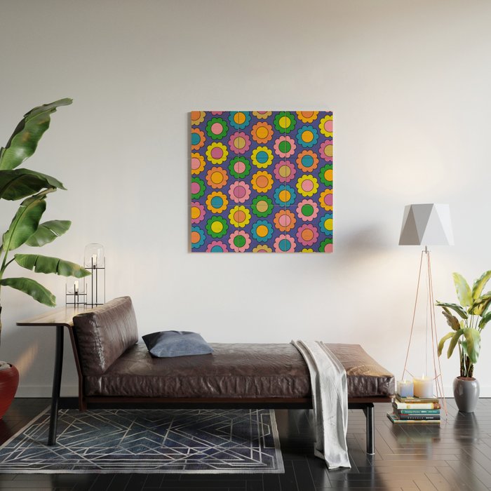 Colorful Happy Flowers Cheerful Retro Pattern on Blue Wood Wall Art Gallery Image 2