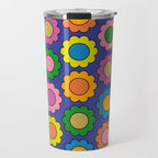 Colorful Happy Flowers Cheerful Retro Pattern on Blue Travel Mug Gallery Image 1