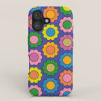 Colorful Happy Flowers Cheerful Retro Pattern on Blue iPhone Case Gallery Image 1