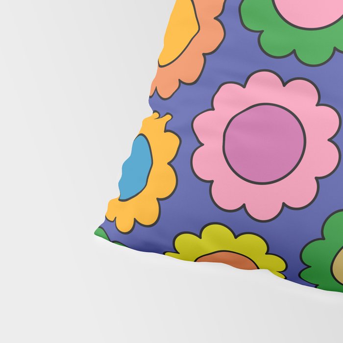 Colorful Happy Flowers Cheerful Retro Pattern on Blue Pillow Sham Gallery Image 4