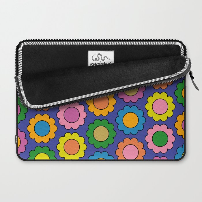 Colorful Happy Flowers Cheerful Retro Pattern on Blue Laptop Sleeve Gallery Image 2