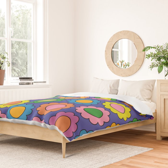 Colorful Happy Flowers Cheerful Retro Pattern on Blue Duvet Cover Gallery Image 2