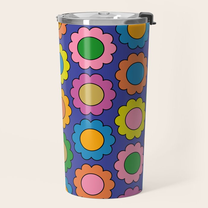 Colorful Happy Flowers Cheerful Retro Pattern on Blue Travel Mug Gallery Image 2