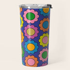 Colorful Happy Flowers Cheerful Retro Pattern on Blue Travel Mug Gallery Image 2