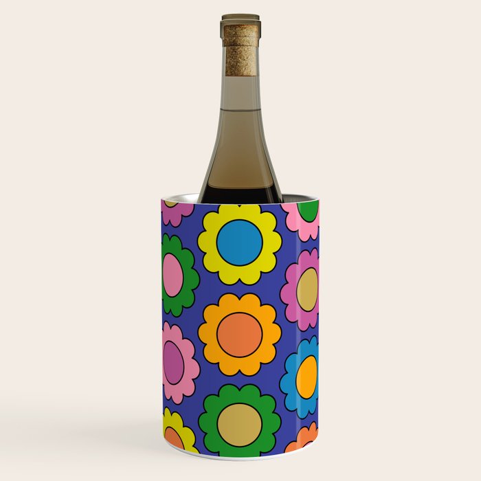 Colorful Happy Flowers Cheerful Retro Pattern on Blue Wine Chiller Gallery Image 1