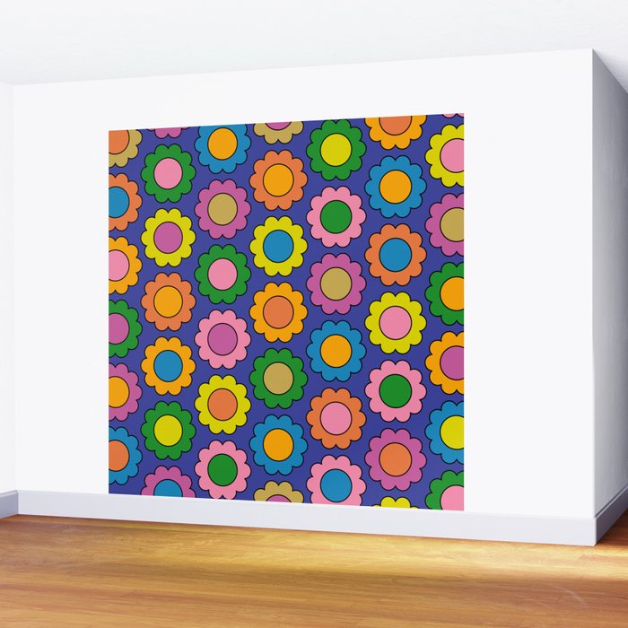 Colorful Happy Flowers Cheerful Retro Pattern on Blue Wall Mural Gallery Image 2
