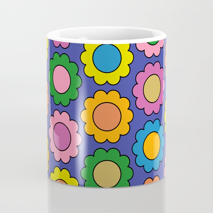 Colorful Happy Flowers Cheerful Retro Pattern on Blue Coffee Mug Gallery Image 4