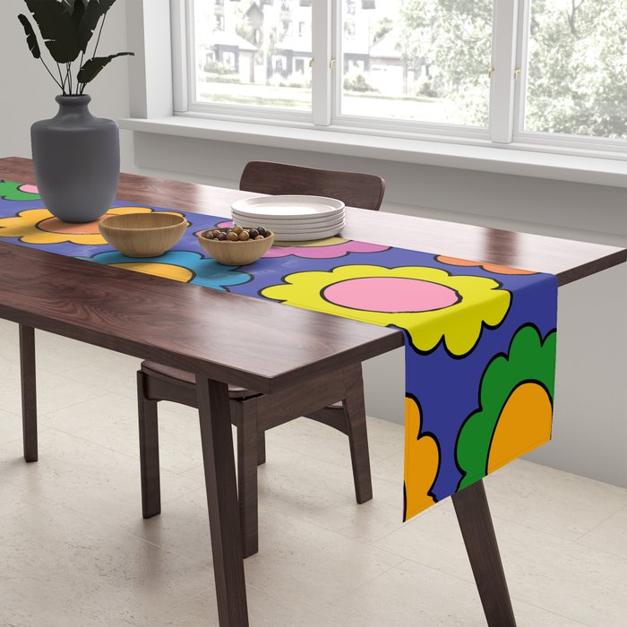 Colorful Happy Flowers Cheerful Retro Pattern on Blue Table Runner Gallery Image 2