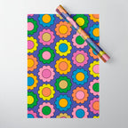Colorful Happy Flowers Cheerful Retro Pattern on Blue Wrapping Paper Gallery Image 1