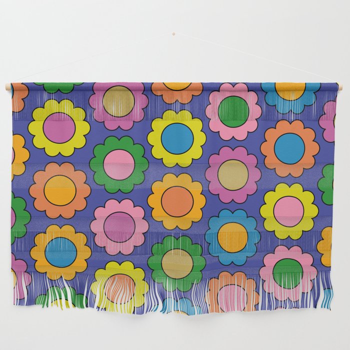 Colorful Happy Flowers Cheerful Retro Pattern on Blue Wall Hanging Gallery Image 1