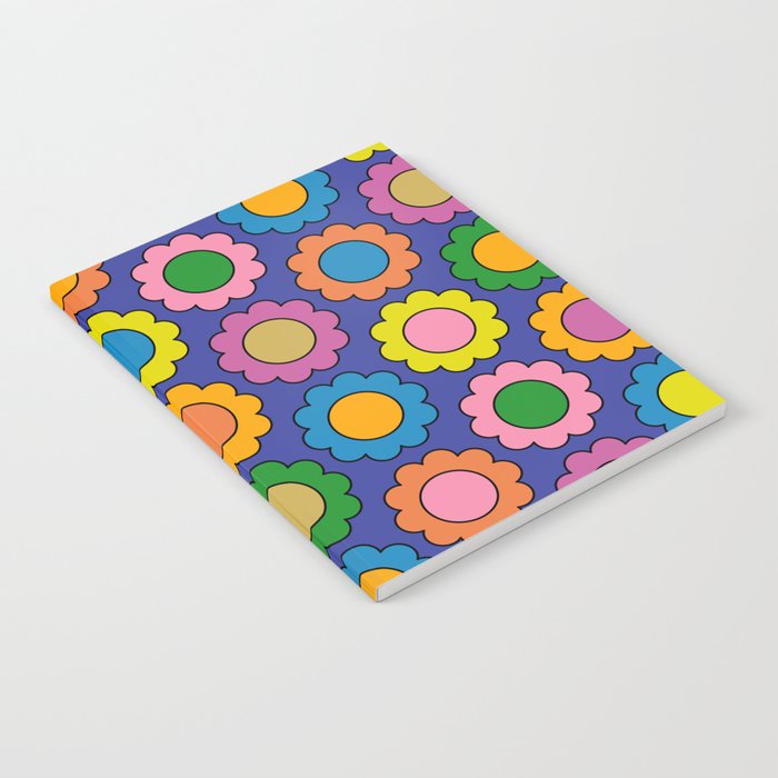 Colorful Happy Flowers Cheerful Retro Pattern on Blue Notebook Gallery Image 2