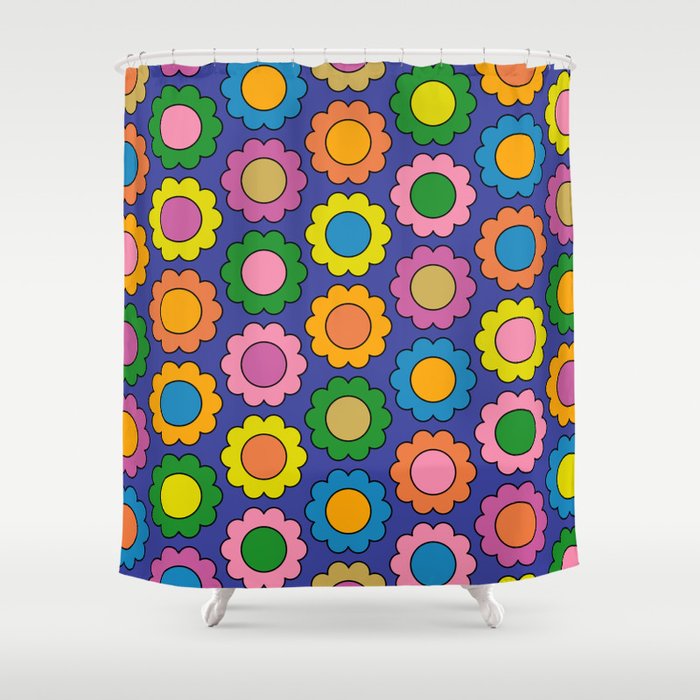 Colorful Happy Flowers Cheerful Retro Pattern on Blue Shower Curtain Gallery Image 1