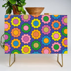 Colorful Happy Flowers Cheerful Retro Pattern on Blue Credenza Gallery Image 1